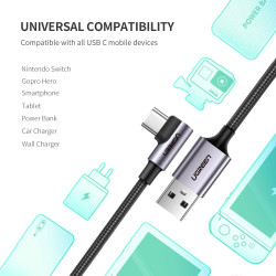 Кабель UGREEN US284-50941, USB-A 2.0 to Type C (90°),  3A, в оплётке, 1m, Black (50941)- фото4